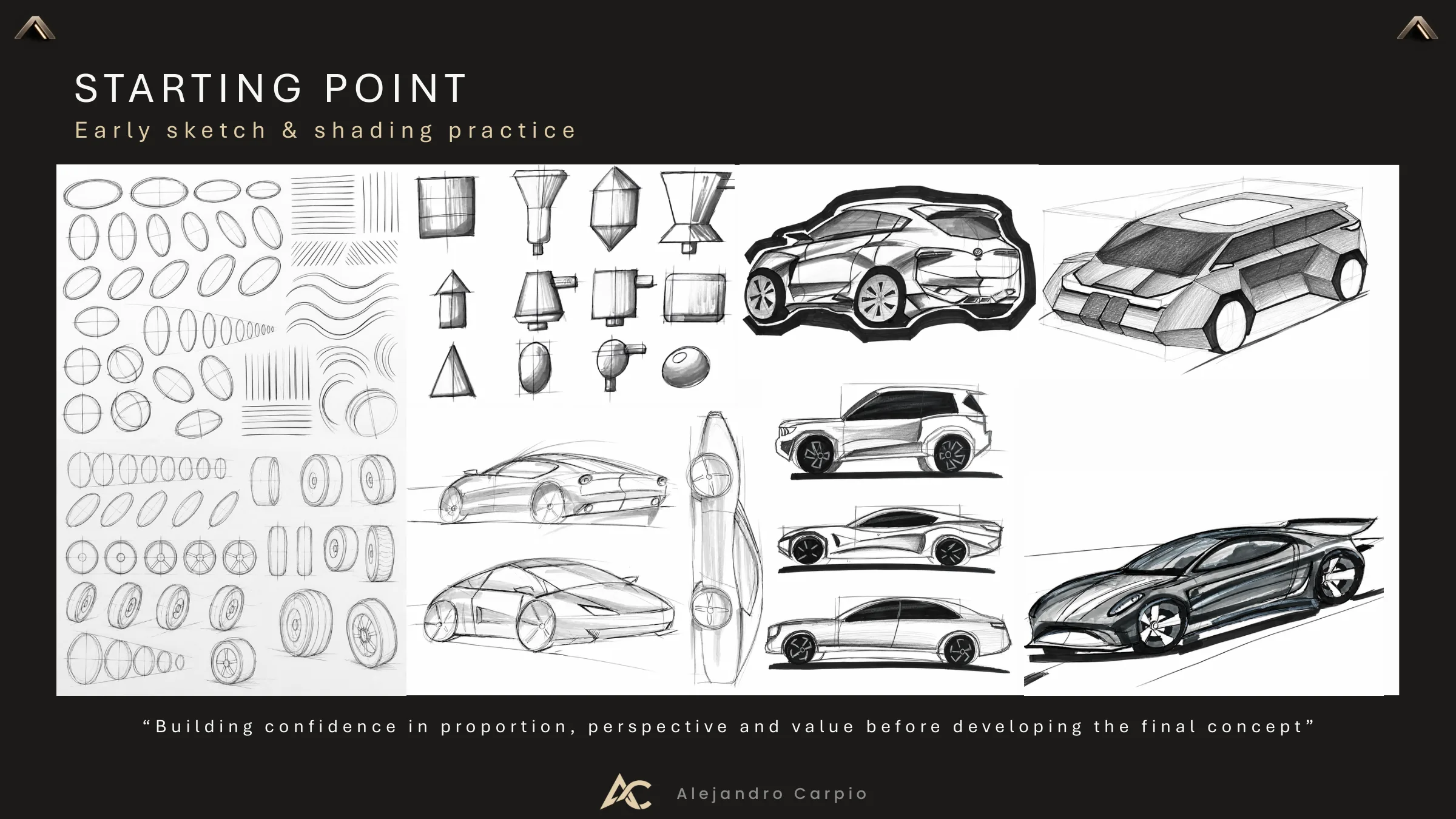 Warm-up sheet with ellipses, perspective boxes, wheel studies and early car sketches