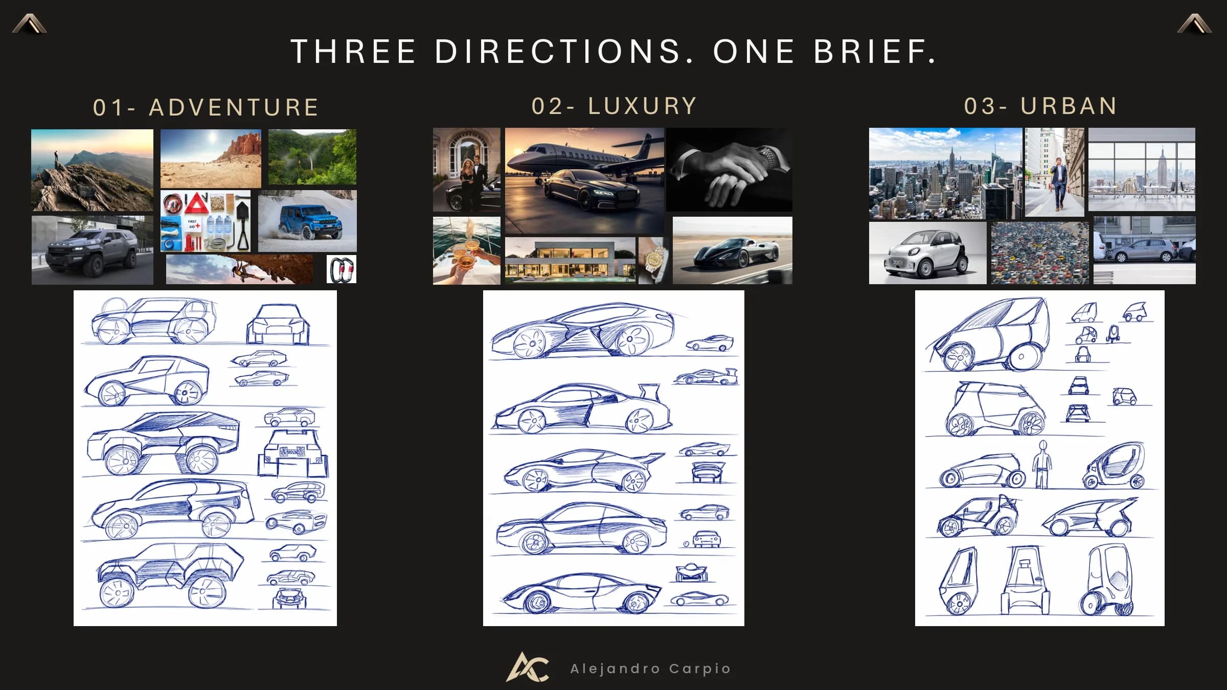 Three design directions (adventure, luxury, urban) with mood boards and car sketches