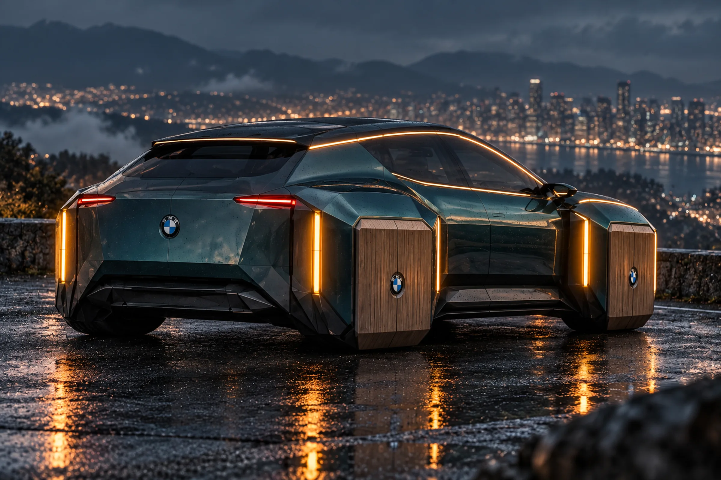 Rear three-quarter, wet asphalt, city lights
