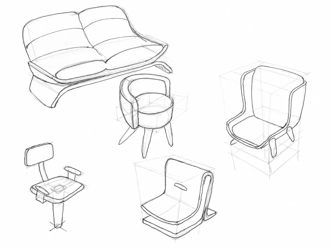 Thumbnail sketches of a curved sofa and swivel chairs