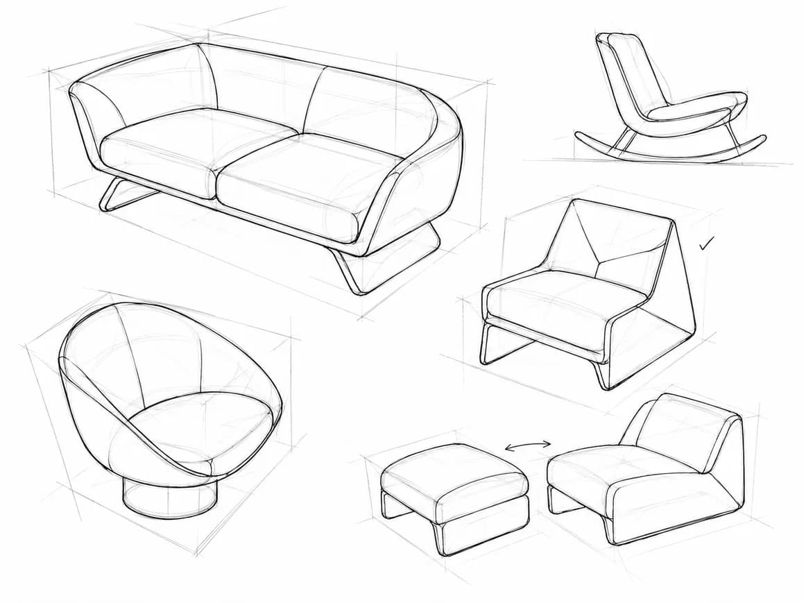 Thumbnail sketches of sofa, rocker and ottoman variations