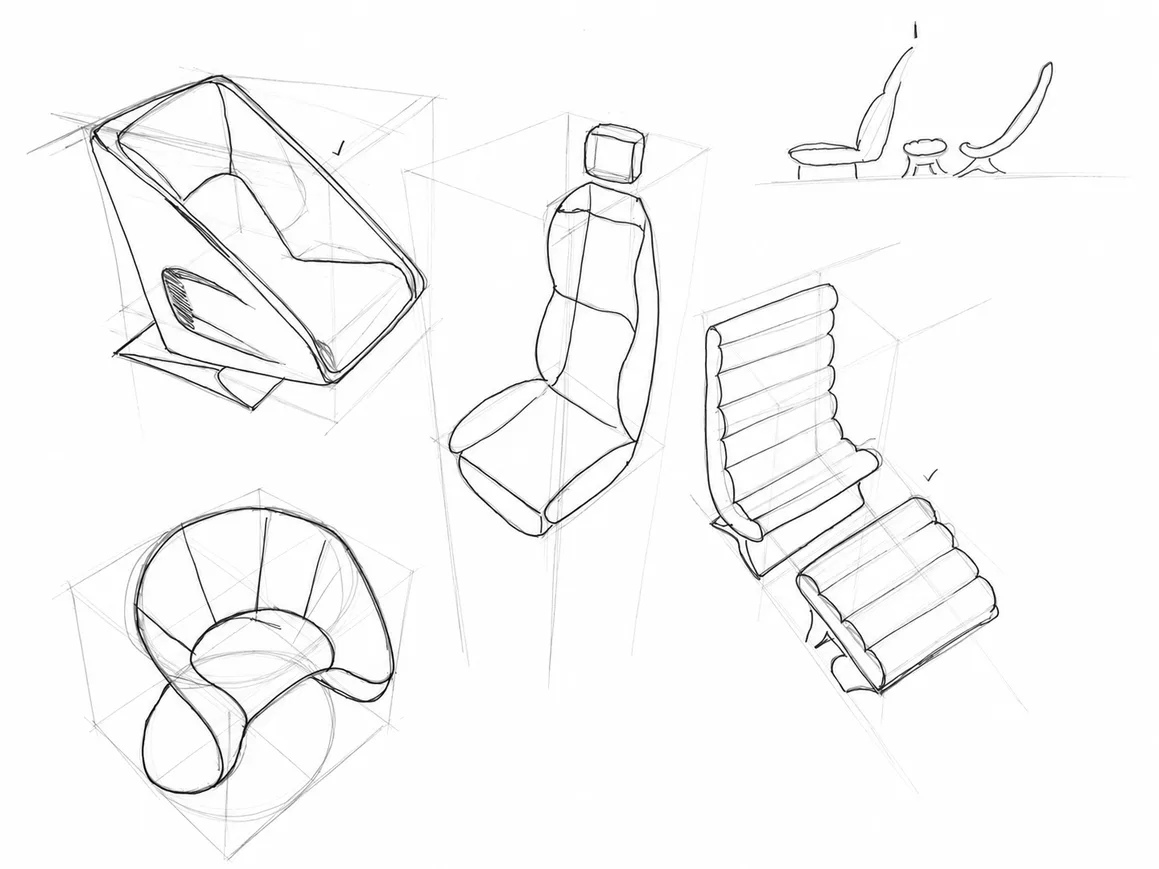 Thumbnail sketches of angular seat shells and a car-style seat