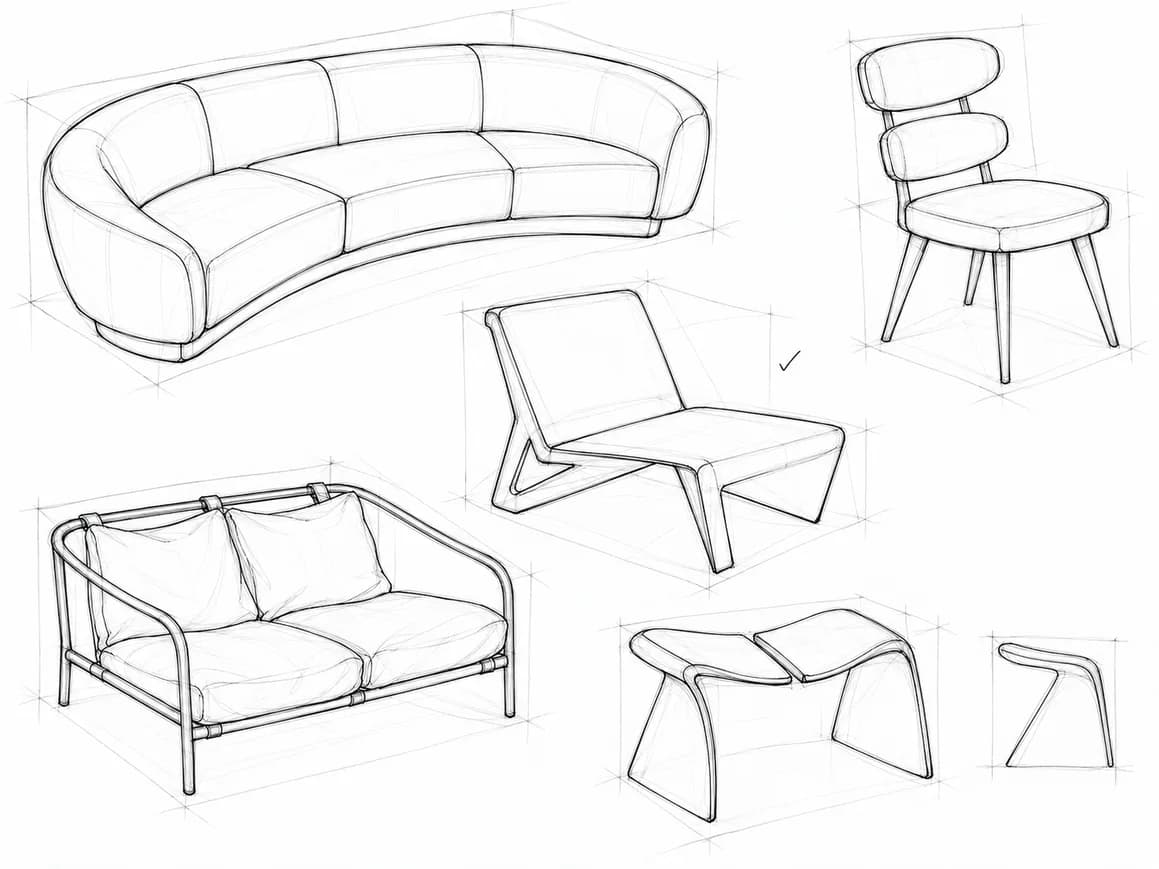 Thumbnail sketches of sofas, lounge chairs and stools