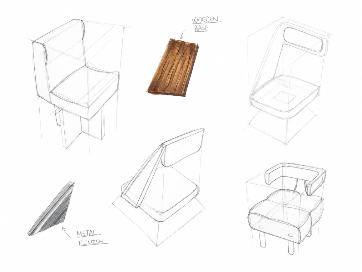 Light pencil sketches of seat shells with a wood sample