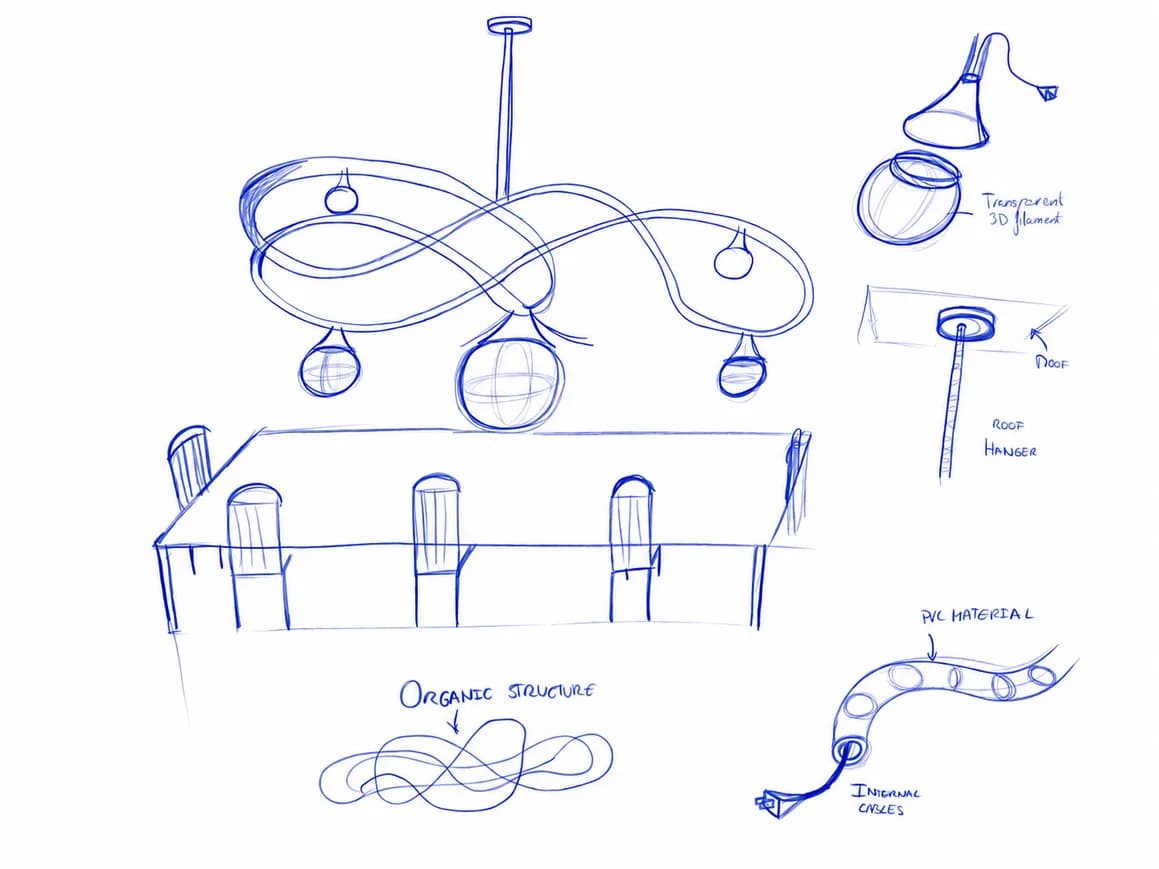 Preliminary sketches of pendant and floor lamp forms in blue pen