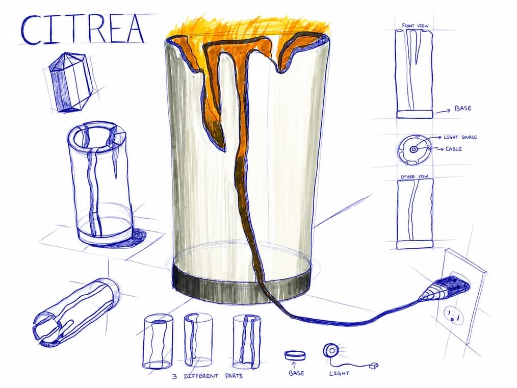 Final concept sketch of the Citrea cylinder lamp with glowing crack and detail views