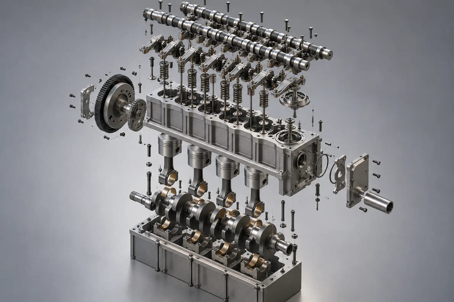 Exploded view of the four-stroke engine showing camshafts, valves, pistons and crankshaft