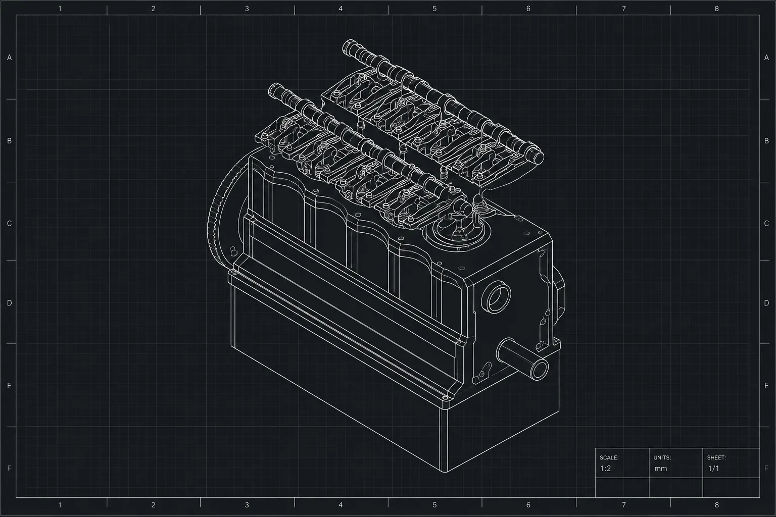Wireframe isometric CAD sheet of the engine assembly on a dark blueprint grid