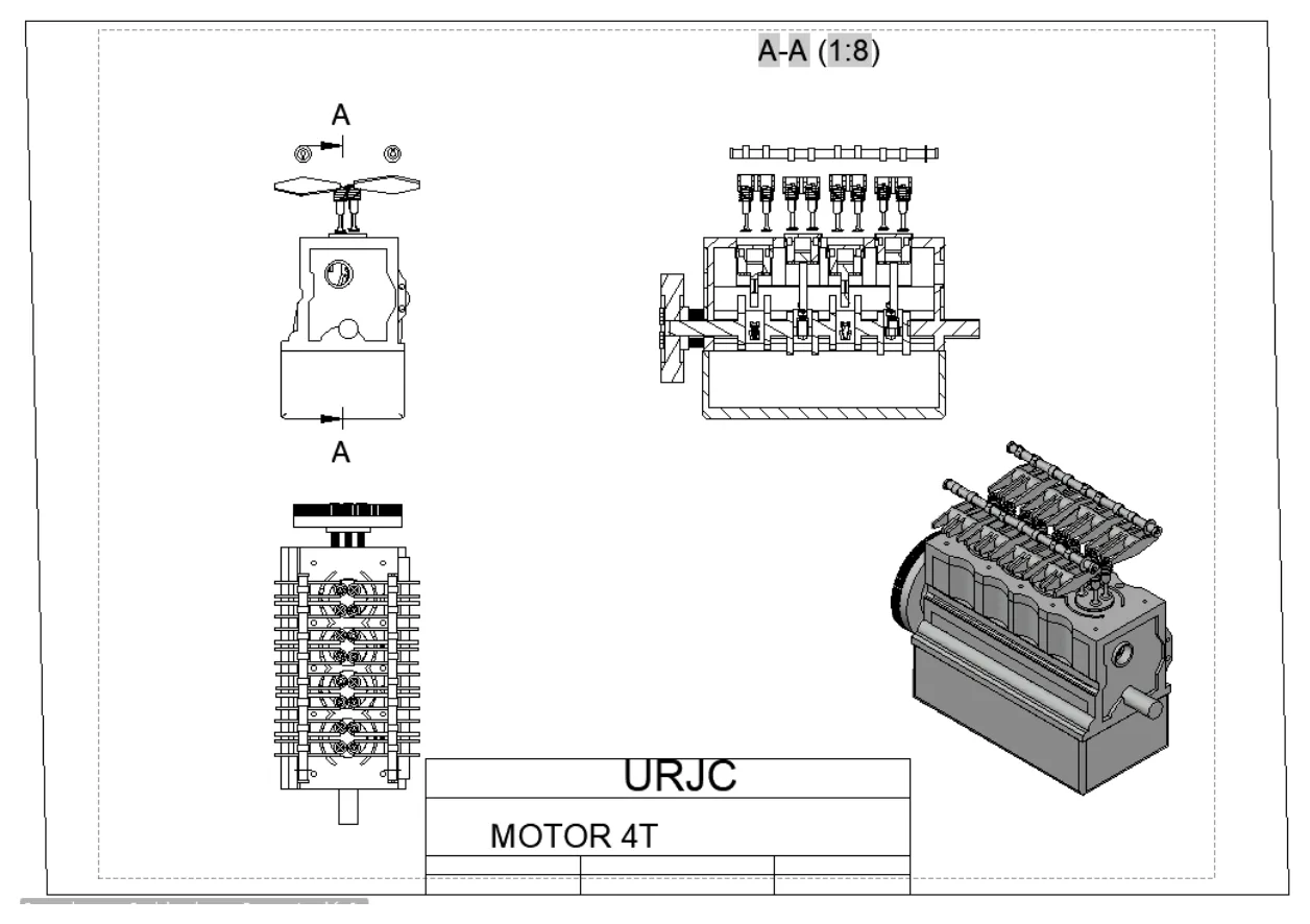 Four-stroke engine, Assembly — three views and section A-A