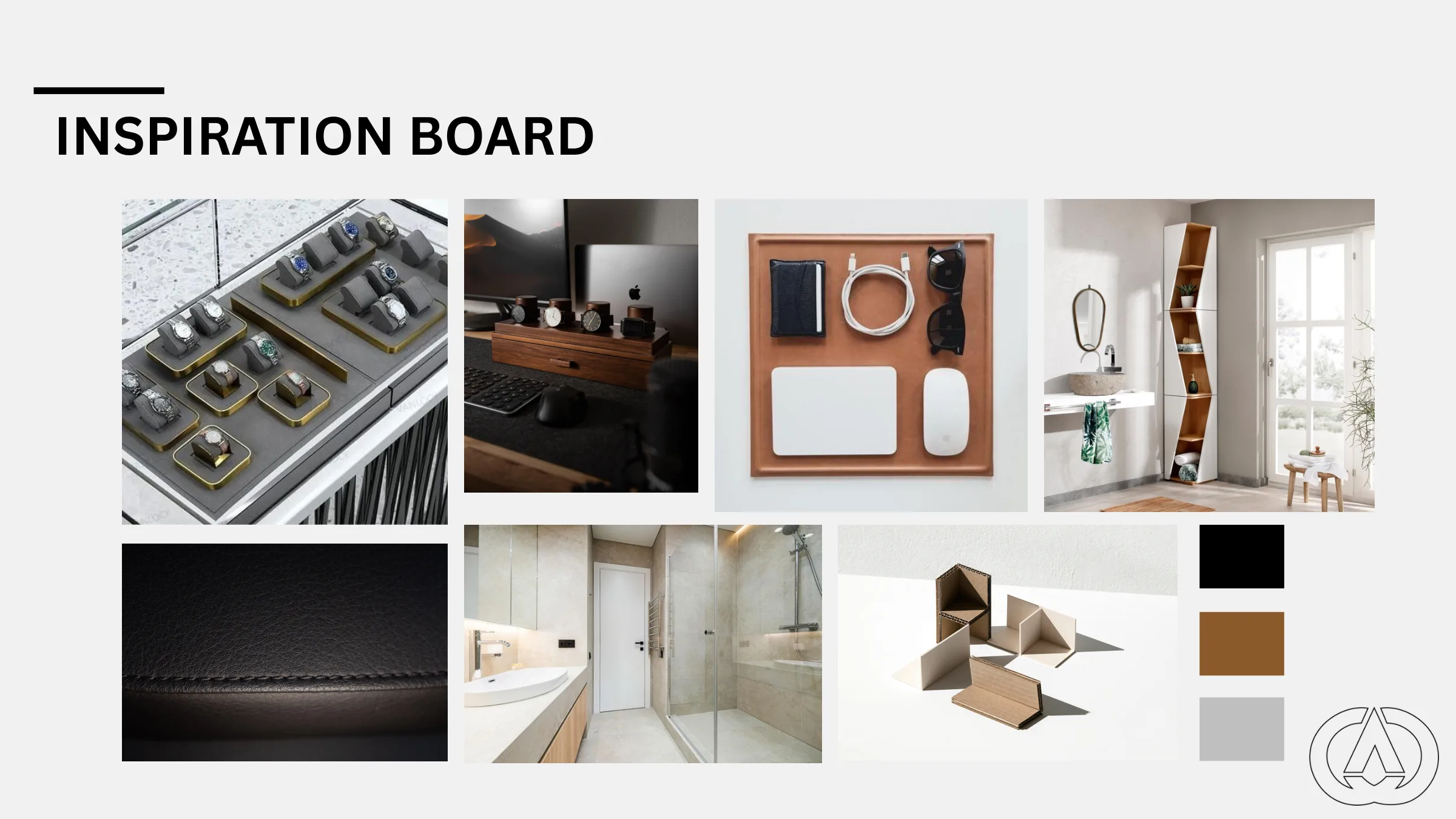 Inspiration board: watch organizers, leather, bathroom interiors and colour swatches