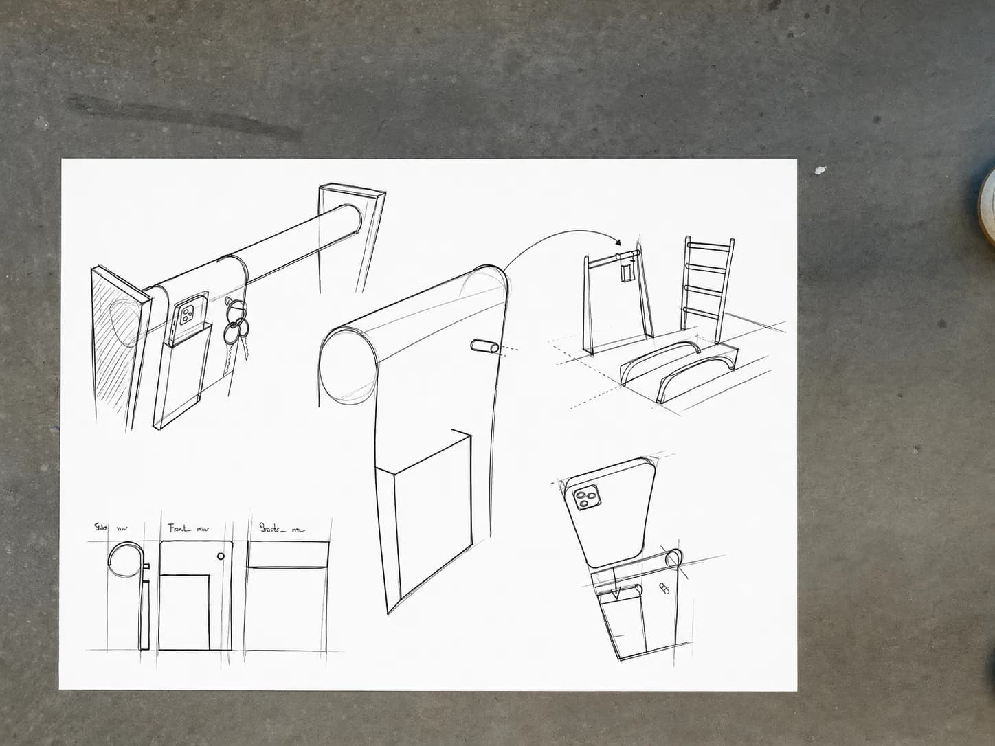 Preliminary sketches of wall-mounted holders and shelves