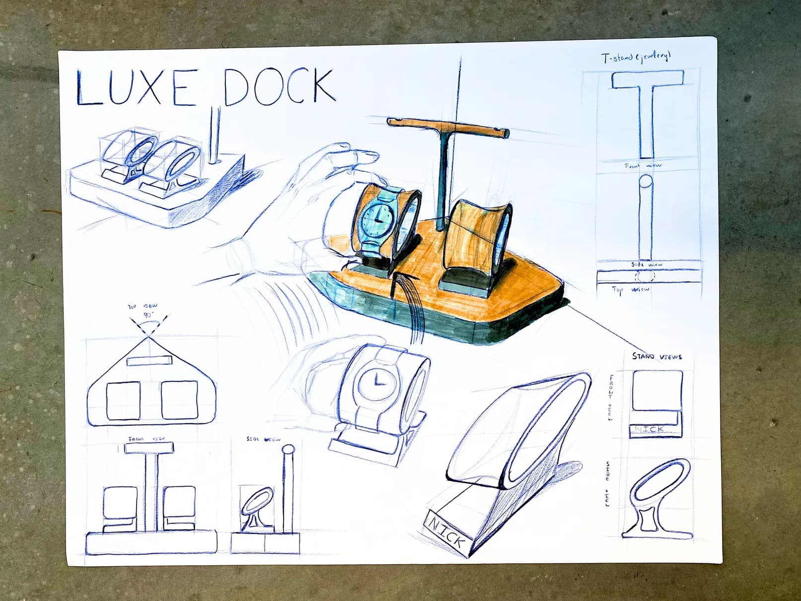 Final concept sketch of the Luxe Dock in colour with detail views