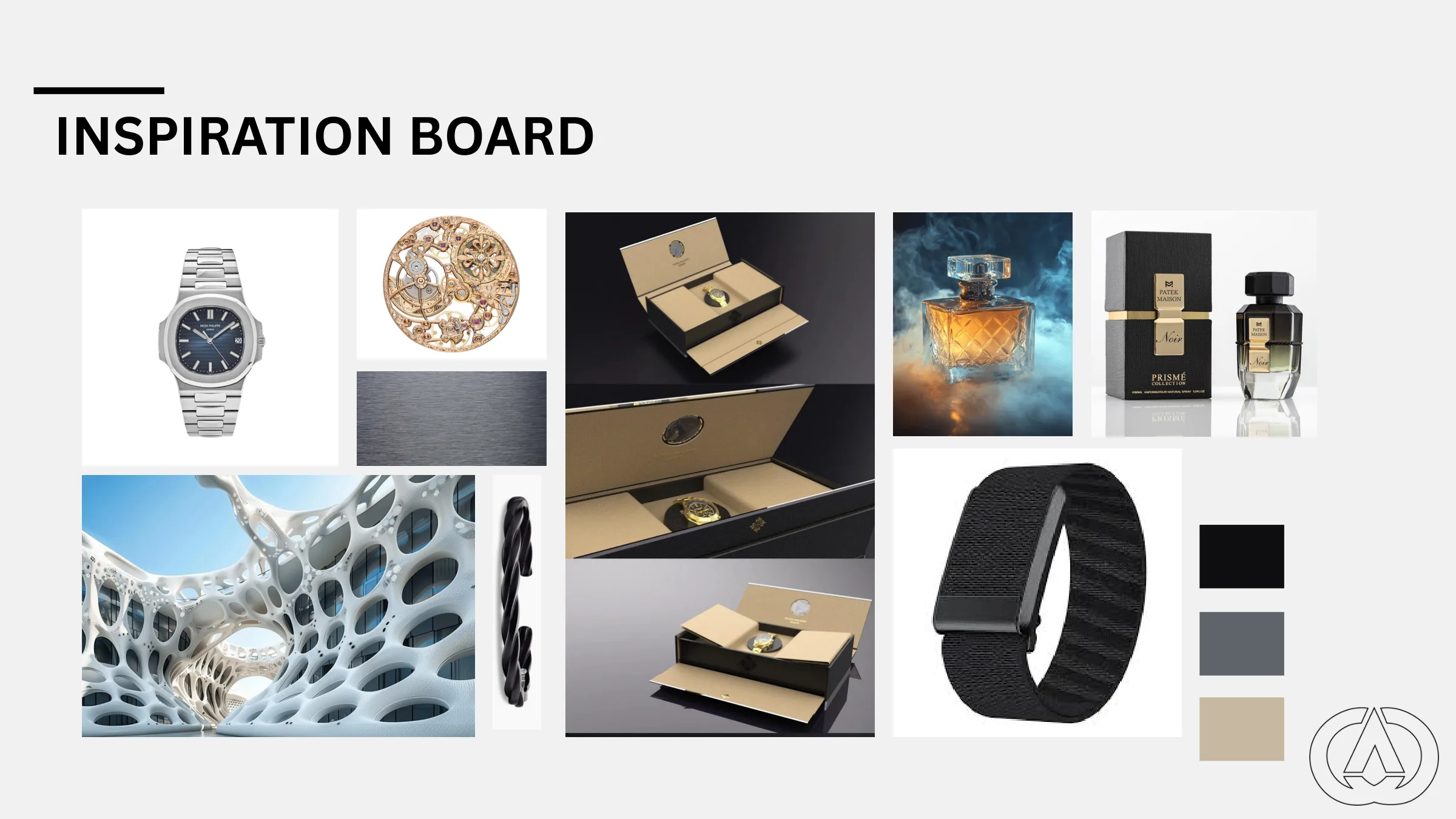 Inspiration board: watches, perforated metal, packaging and perfume bottles