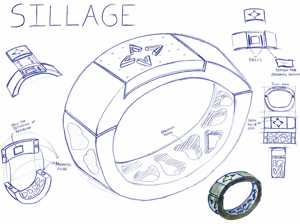 Final concept sketch of the Sillage bracelet with detail views
