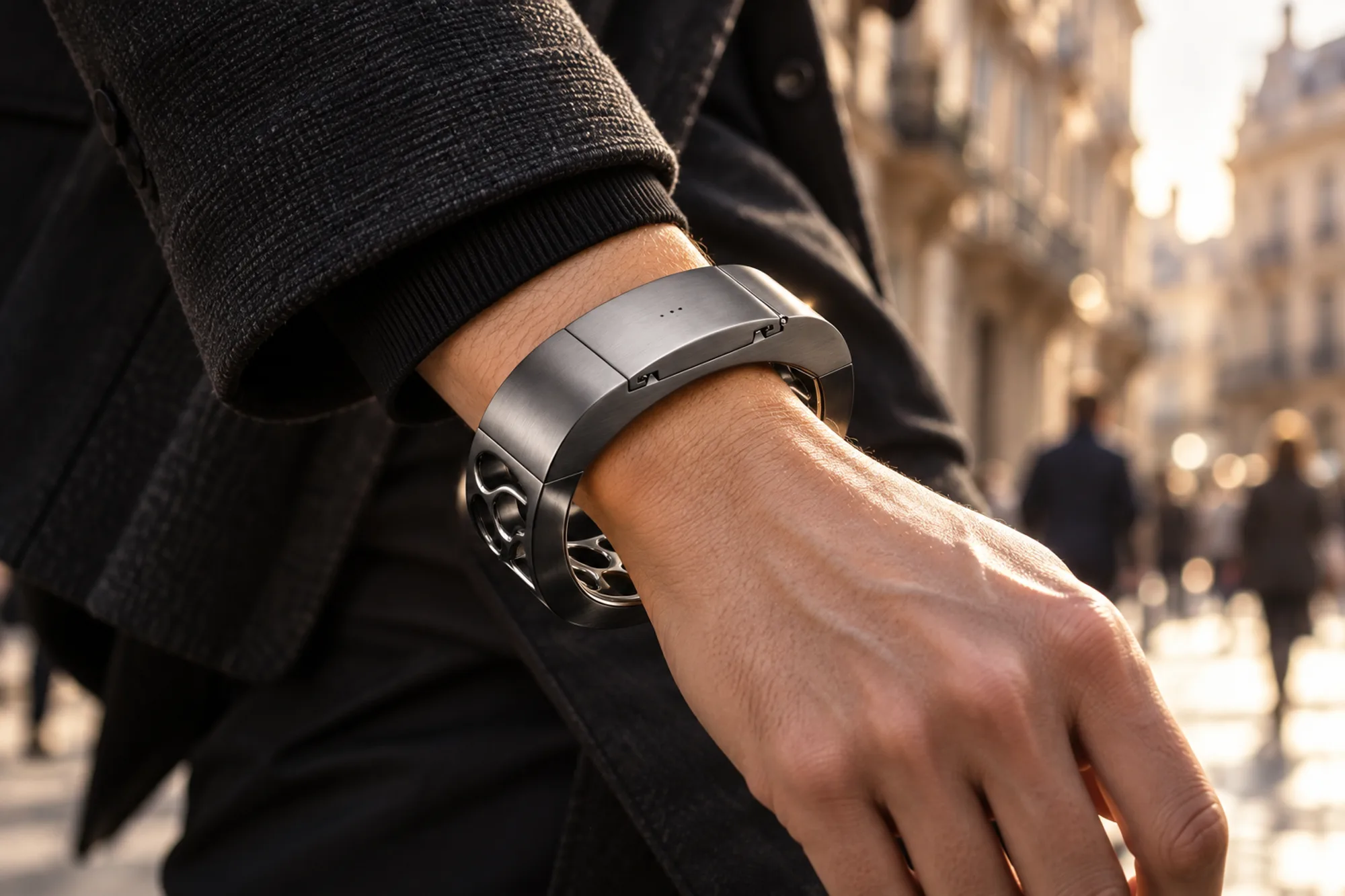 AI-assisted render based on the original design — Gunmetal SILLAGE bangle worn on the wrist of a person walking down a sunlit city street, hand and jacket sleeve in frame, background softly blurred.