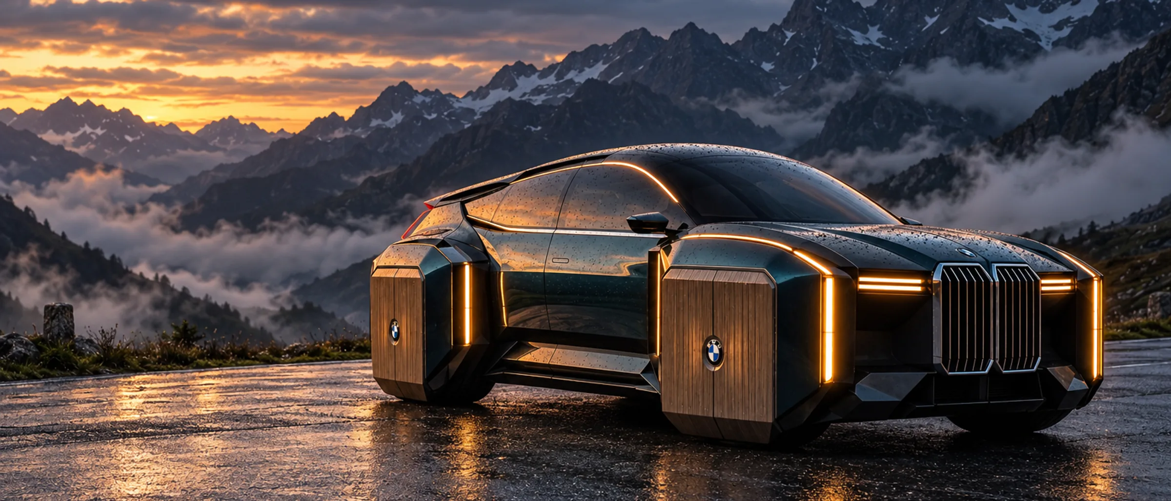 BMW Alter concept parked on a wet alpine pass road at dusk, front three-quarter view with amber light strips and kidney grilles glowing, mountains and fog behind. AI-assisted render based on the original design.